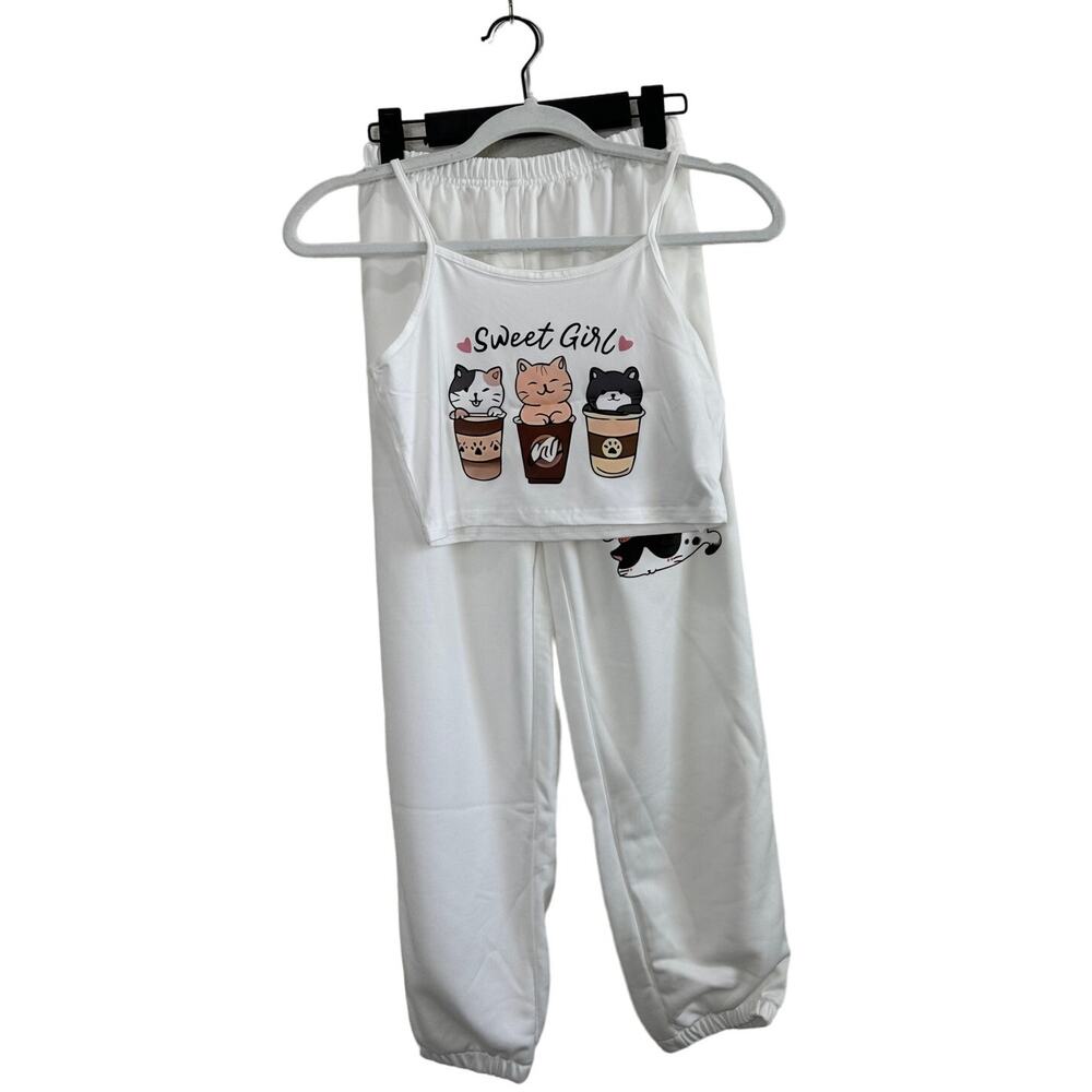 NWOT Girl's 3 Piece Sweatpant Tank Top Crop Set Kitten Love Animal White 8-10